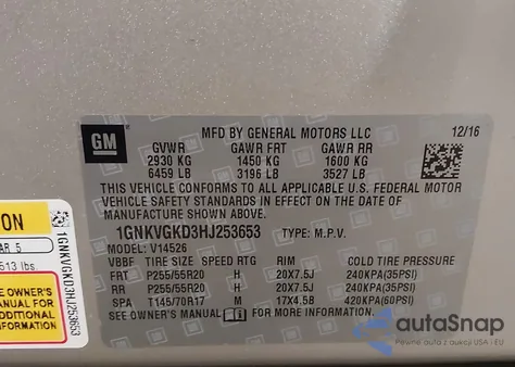 2017 Chevrolet Traverse 1Lt z USA, uszkodzony, nr VIN 1GNKVGKD3HJ253653